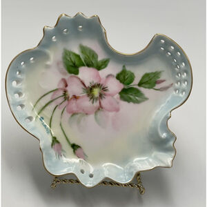 Hand Painted Reticulated Porcelain Trinket Dresser Jewelry Dish Signed Date 1961